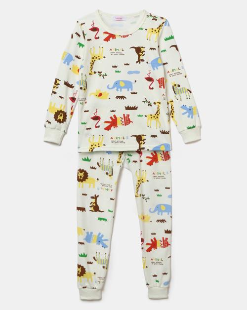 Hopscotch Boys Cotton Animal Print T-Shirt And Pajama Set In White Colour For Ages 6-7 Years (TGX-2615923)