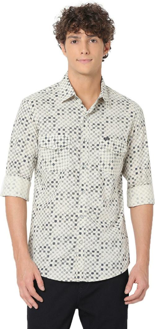 Mufti Off White & Navy Checkerboard Print Slim Fit Casual Shirt