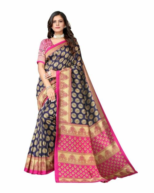SAADHVI Women's Black Mysore Art Silk Printed Saree With Unstitched Blouse(ALIFA BLACK, Free Size)