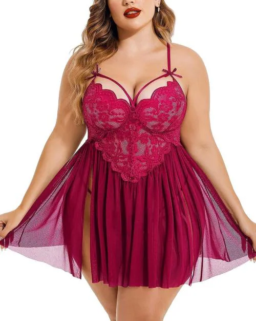 FASHION BONES Lace Babydoll Womens Strap Plus Size Chemise Nightgown V Neck Nighty Mesh Sleepwear Side Slit Nightdress Lingerie l Maroon l XS