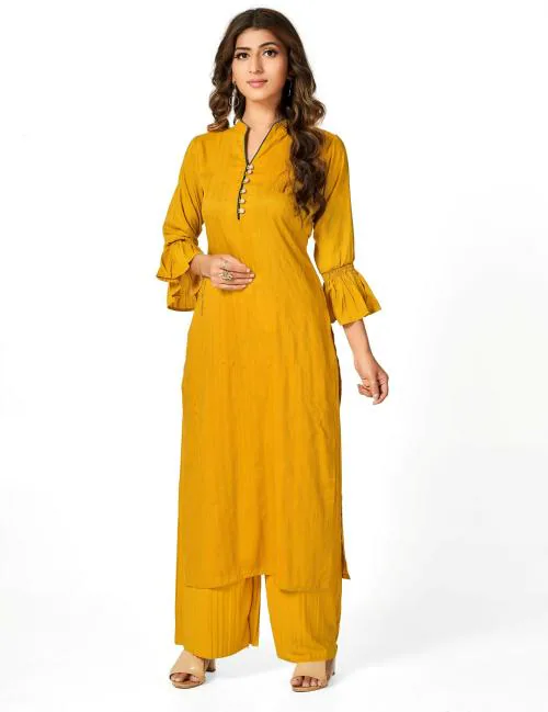 Entle Women's Yellow Self Design Silk Blend Kurta