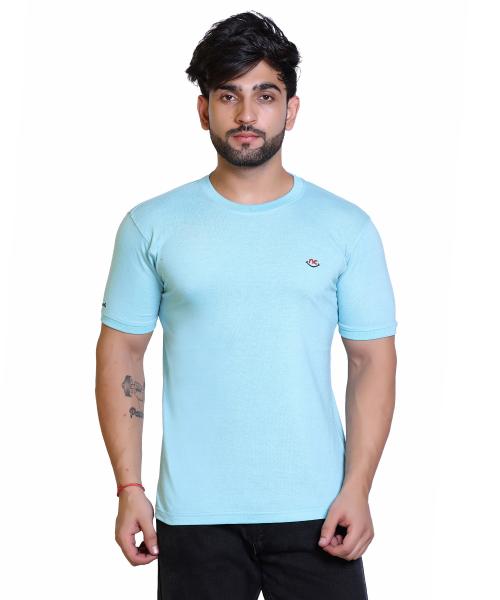 OMAV D' SIGN Men's Sky Blue Round Neck Half Sleeve Chest Logo T-Shirt