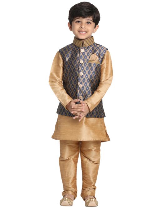 Vastramay Boys' Navy Blue and Rose Gold Silk Blend Jacket, Kurta and Pyjama Set
