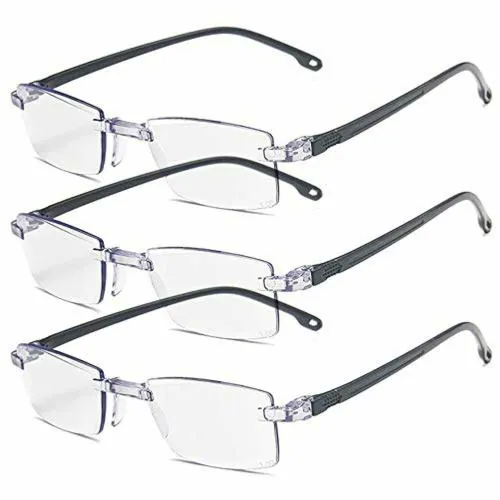Augen Blue Block UV Rectangular Rimless Black Reading Glass With Diopter Power - Plus 2 (Unisex) (Pack Of 3)