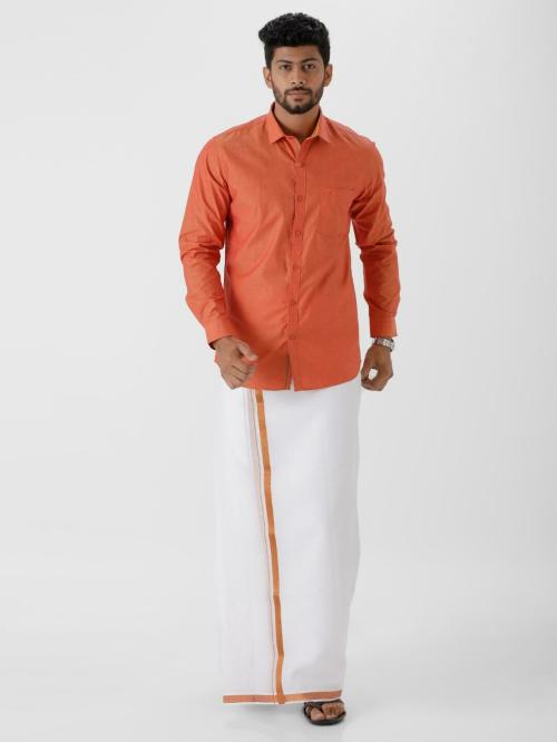 Ramraj Men Orange Solid Spread collar Pure Cotton Shirt with Veshti.