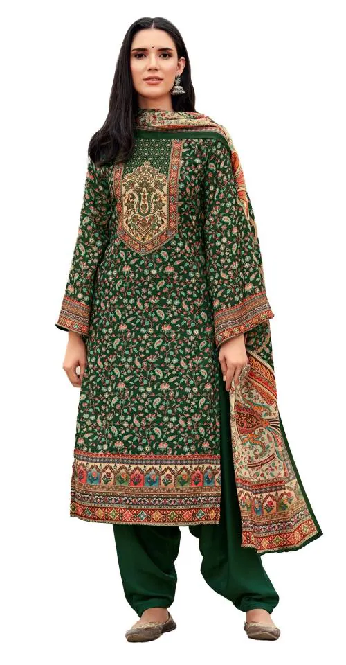 THE JAZZBAAT Women's Kashmiri Kani print wool winter wear dress material with Kashmiri Kani print Pure Pashmina dupatta | Unstitched Dress Material For Women | Free Size (Green)
