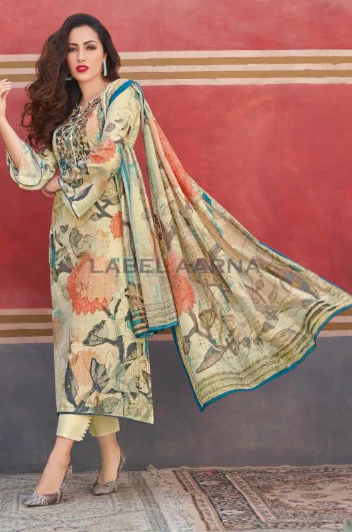 Label Aarna Vanilla Cream Cotton Linen Premium Salwar Suit with Digital Print[Unstitched]