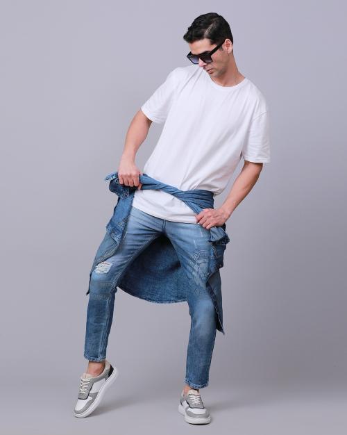 9cs Jeans Knitted jeans ankle length jeans for men Torn Jeans Lion Printed Jeans Blue Colour 30 Size