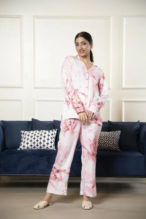 Urban Sundari Pink Satin Shirt Collar Full Sleeves Floral Printed Nightsuit Sets For Women's & Girls