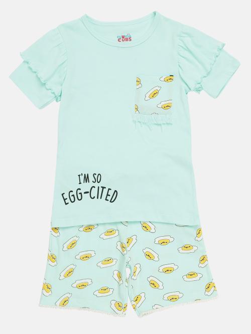 Clovia Girl's Blue Printed Cotton Pack of 2 Top and Shorts Set