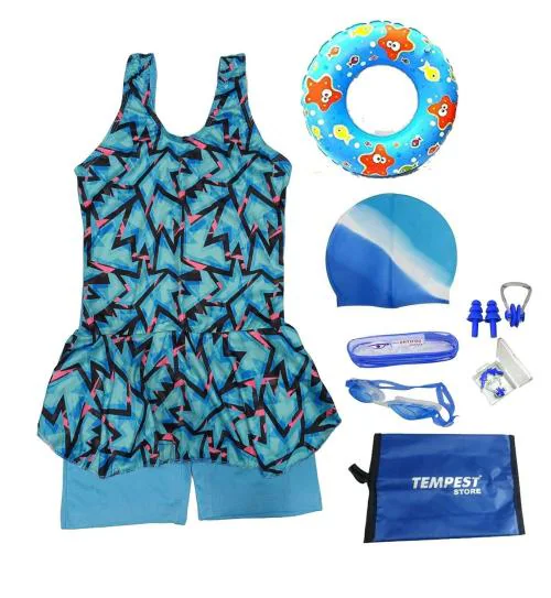 TEMPEST Girls's Swimming Kit with 1 Printed Swimming Costume | Printed Swim Suit | Swimwear | Swimming Dress Goggles Cap Ear Plug Nose Clip Swimming Tube with KIT Bag (Multicolor