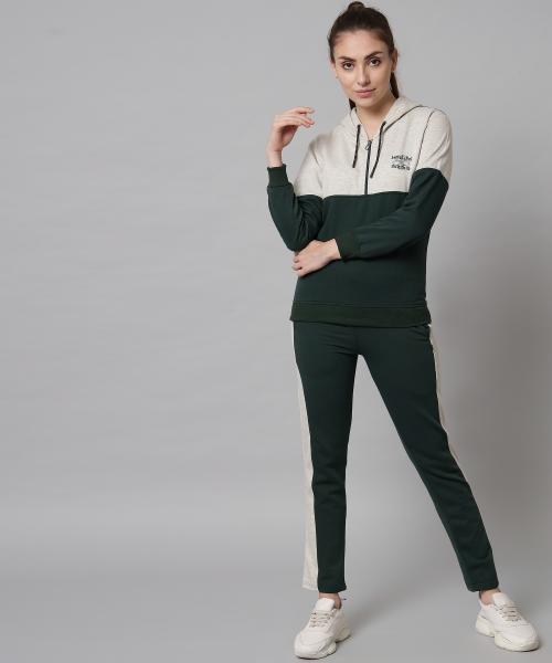 TWOCRAZIIE Women Dark Green Colorblock Fleece Tracksuit