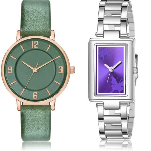 TIMENTER New Gift Simply Rich And Chain Green And Silver Colour Analog Genuine Leather And Stainless Steel Belt 2 Watch Combo For Women And Girls - GM393-GM214