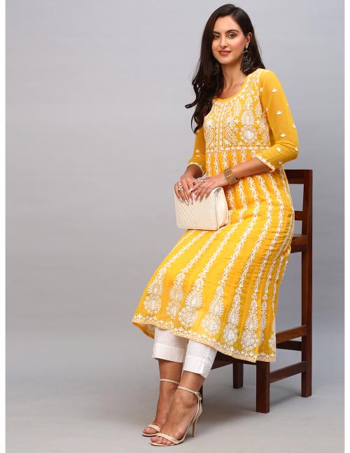 Shubhisha Fashion Women's Yellow Georgette Chikankari Embroidery Anarkali Kurta
