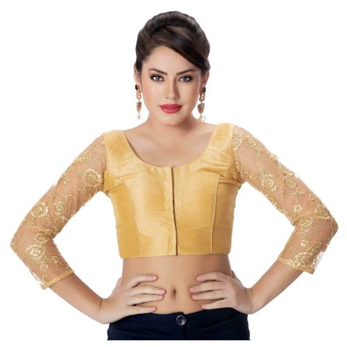 Rinkoo Women's Silk Solid 3/4 Sleeve Readymade Saree Blouse (R048-GOLD_38_Gold_Medium)