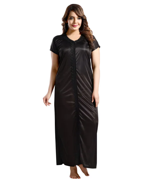 Silk Satin Nightgown with Short Sleeves and V-Neck