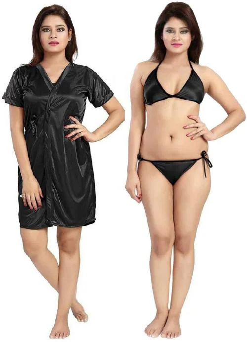 Iyaracollection Women Black Solid Pure Satin Lingerie Robe Set