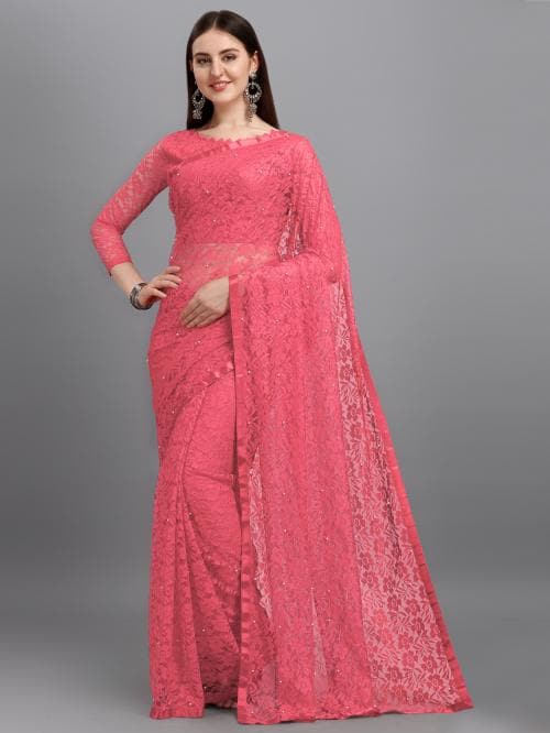 LOROFY Women Light Pink Net Saree