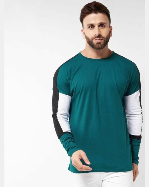 Gritstones Men Turquoise Color Full Sleeve Color Block Cotton T-Shirt