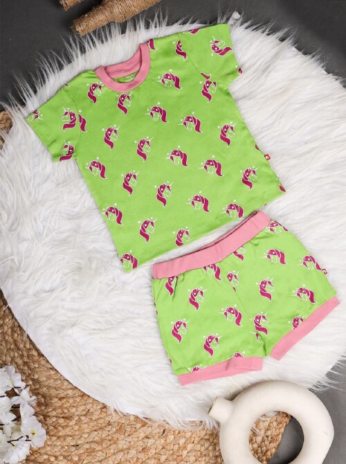 Nino Bambino 100% Organic Cotton Green & Pink Printed Top & Shorts/Co-Ord Set For Baby & Kid Girls (2-3 Years)