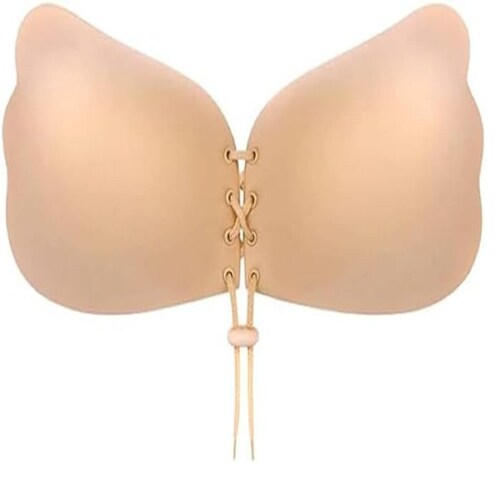 QENIXO Sticky Strapless Adhesive Bra Bra Reusable Self Adhesive Backless Bra Invisible Sticky Push up Silicone Bra for Women (Beige_S)