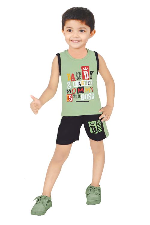 PIHUCREAT BABY BOYS GREEN COTTON TOP & SHORTS SET