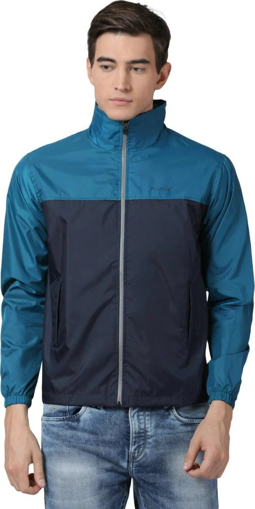 Plutus Men Dark Blue and Light Blue Solid Polyester Raincoat XL