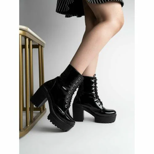 Shoetopia Women & Girls Lace Up Block Heeled Western Black Boots