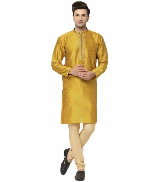 Chitwan Mohan Men  Mustard Yellow Printed BROCADE Kurta Set