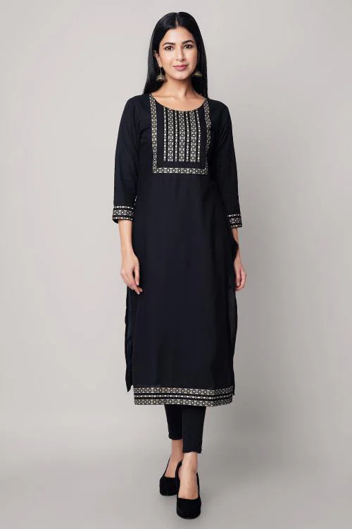 God Bless Black Colored Gold Printed Rayon long Yoke Kurta