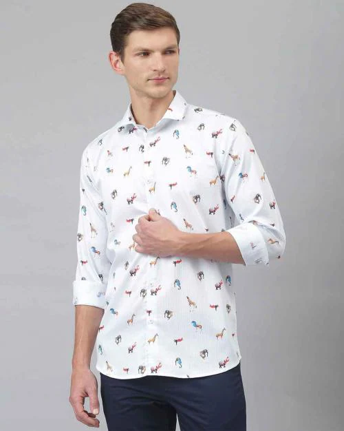 Thomas Scott Men White Graphic Print Cotton Shirt (M)