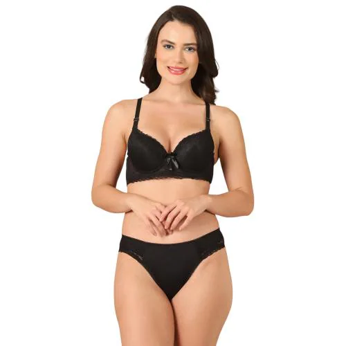 PrettyCat Women Black Underwire Lightly Padded Bra Panty Lingerie Sets