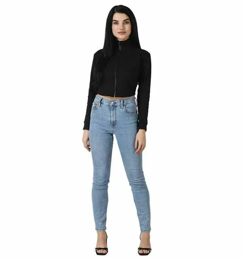 Fashionzoo Women Black Lycra Crop Top