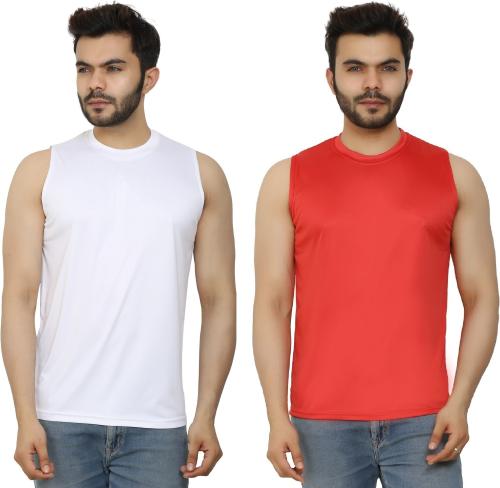 PRIME PLUS Red and White Solid Round Neck Gym Vest - L (Pack of 2)