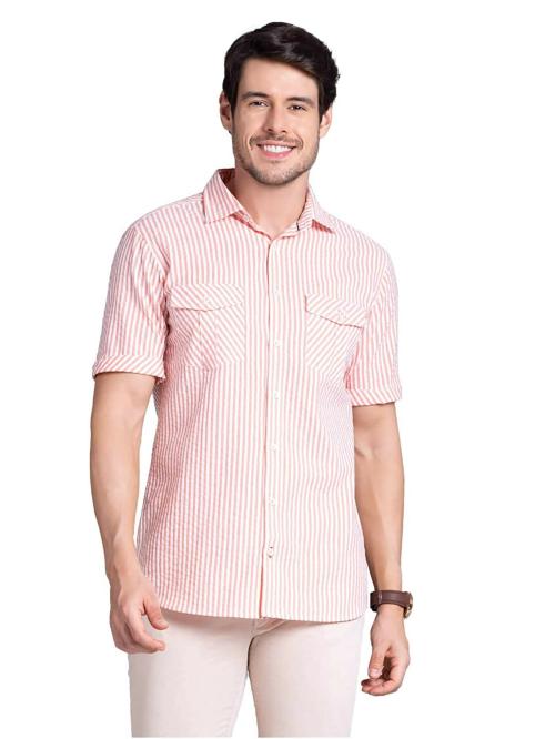 Rhysley Men Orange Stripes Cotton Half Sleeve Shirt - L