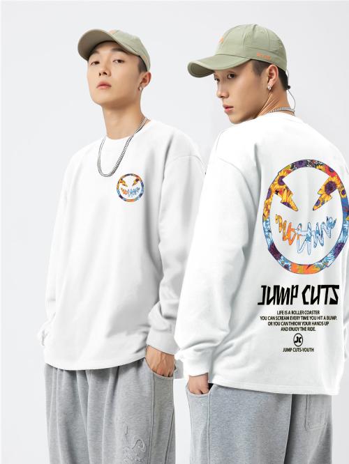 Jump Cuts Mens Printed Round Neck FullSleeve White and Yellow Cotton Blend Boxy Fit T-Shirt