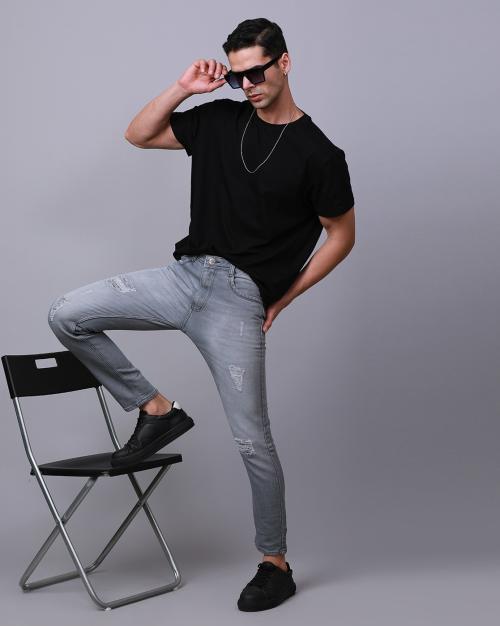 9cs Jeans Knitted jeans ankle length jeans for men Highly torn jeans Grey Colour 38 Size