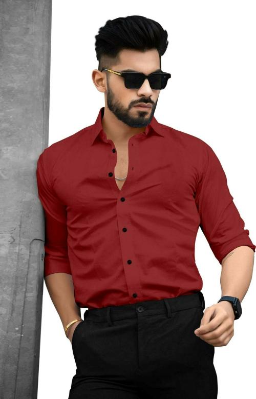 ANKLAR DESIGNER DESIGNER Store Men Maroon Solid Cotton Blend Formal Shirt (L)