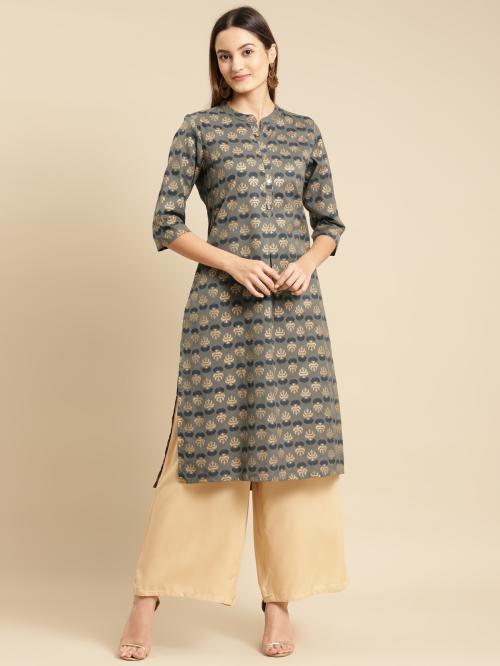 Rangita Women Grey Gold Printed Calf Length Straight Kurti