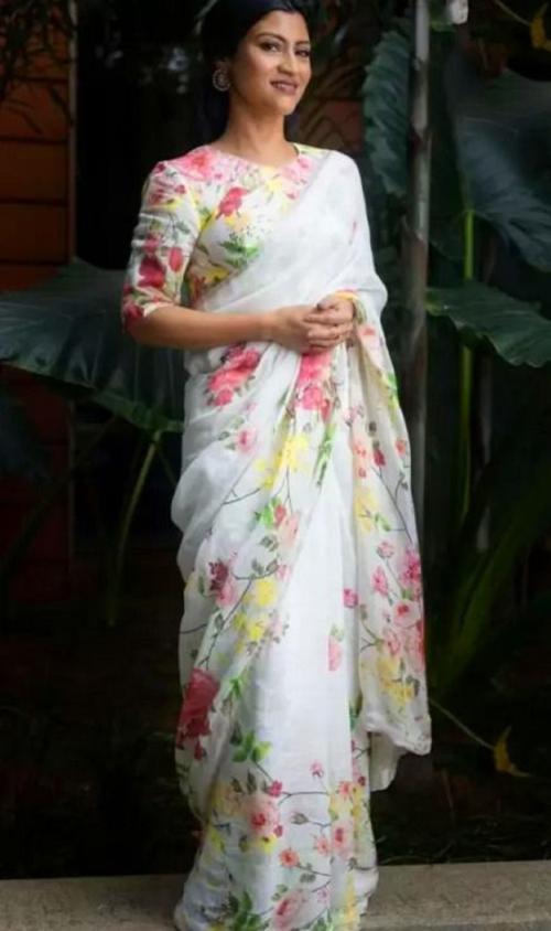 WINZIG WONDER Navya Bollywood Linen, Pure Cotton Saree (multicolor)