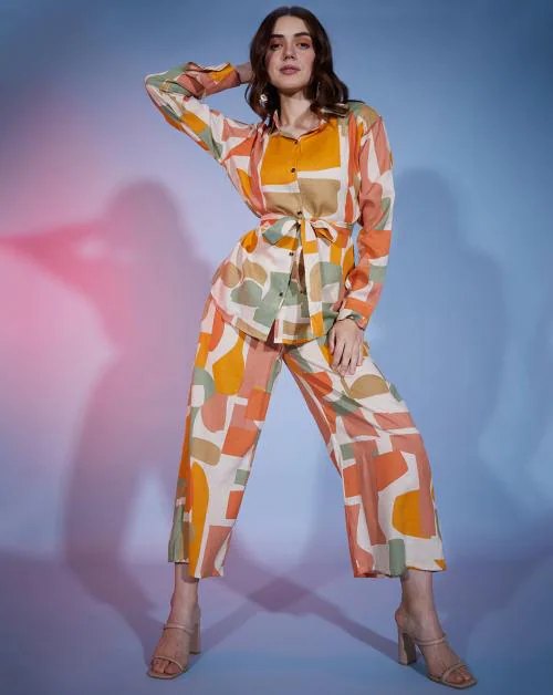 BuyNewTrend Colorful Geometric Printed Rayon Women's 2 Piece Dress|Shirt Palazzo Set|Co-Ord Set