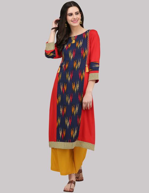 KSUT Red And Navy Blue Ikkat Printed Pannelled Straight Kurta With Striped Printed Cuff And Boarder