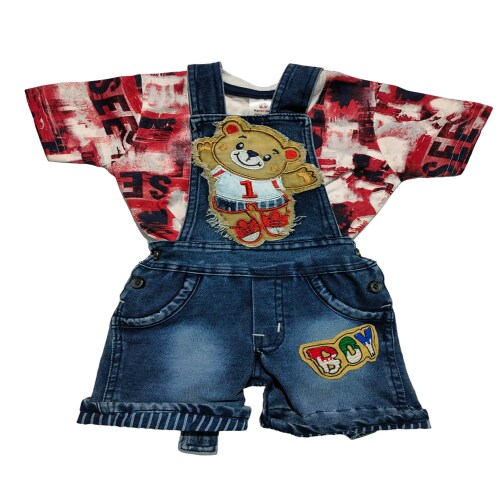 PARROTKING Summer Casual Self Design Denim Bottom With Cotton T-shirt Dungarees For Kid's Infants ( Red )