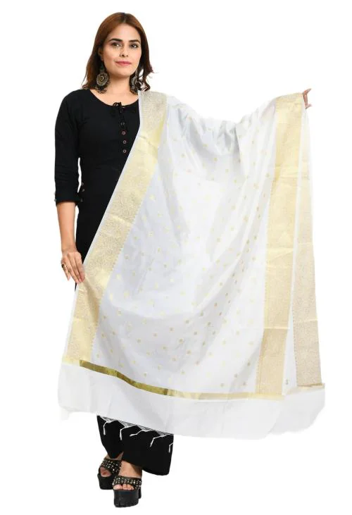 Moeza Women White Silk Woven Design Banarasi Dupatta