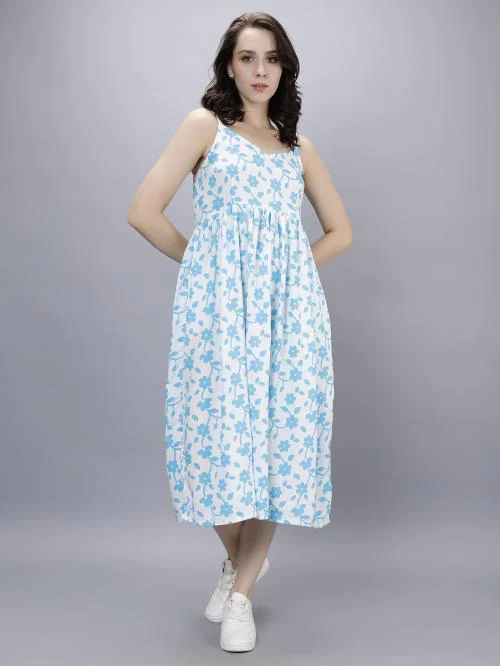 STEP QUEEN Women A line Rayon Floral Printed Strip Dress for Women's & Girls.