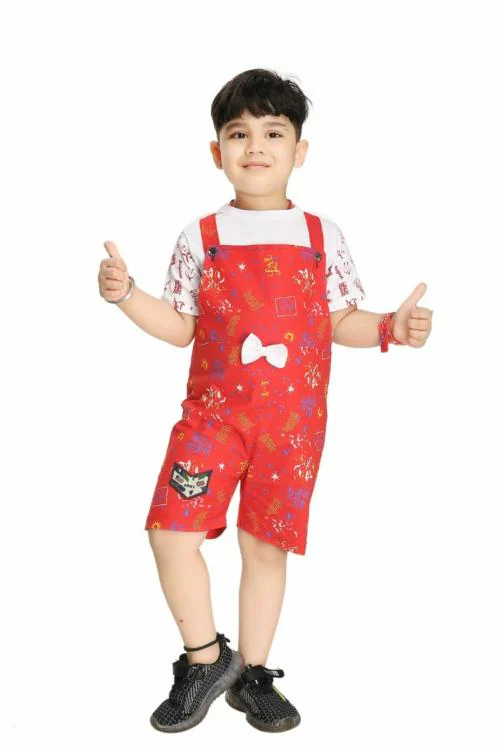 NEW GEN Boys Red Printed Cotton Dungaree