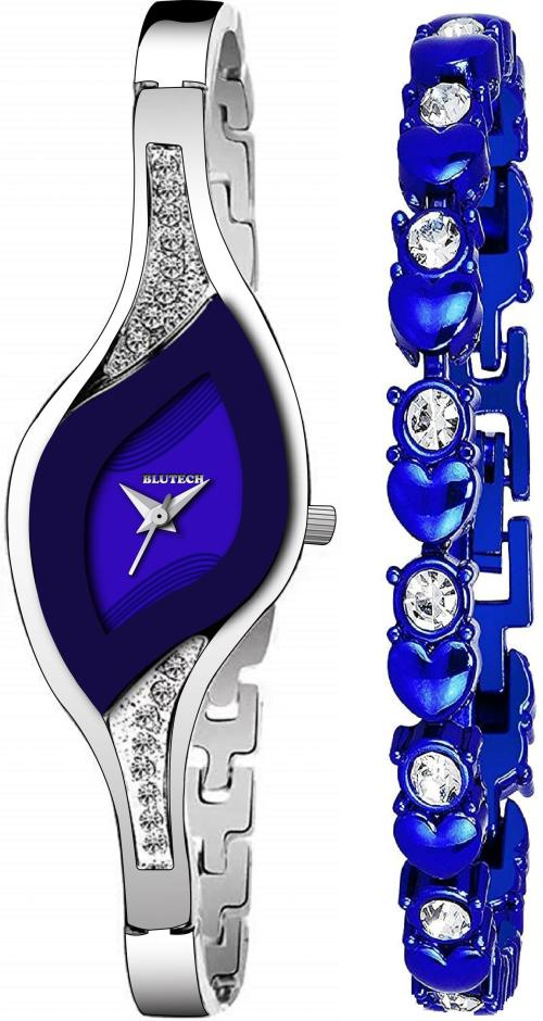 Blutech Silver, Blue Analog Watch With Diamond Studded Bracelet For Girls (Combo Of 2)
