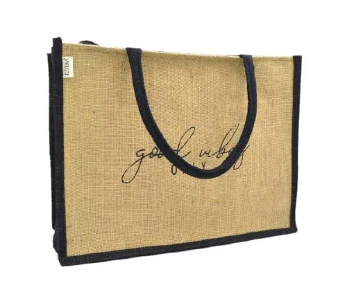 JUTEKA Natural, quote printed Jute Bag for Lunch, Office, Grocery, Picnic, Tiffin, Shopping Hand Bag with padded cotton handles.