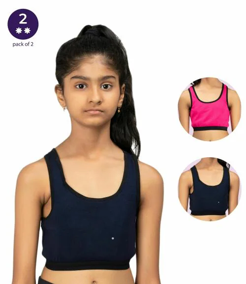 Adira | Girls Padded Sports Bra | Training Bra | Flat Padding For Nipple Coverage | Full Support Racer Back | Confidence For Sports | Soft Modal | Pack Of 2 | Navy Blue & Dark Pink | L