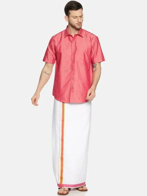 Ramraj Men Solid Spread collar Pure Cotton Pink Half Sleeve Shirt and Dhoti Set.